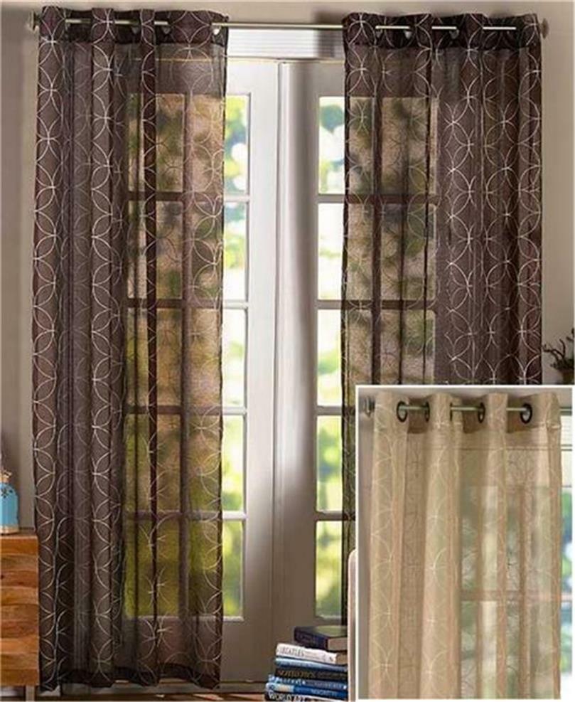 TAN EMBROIDERED WEDDING RING PATTERN SEMI SHEER WEAVE WINDOW CURTAIN SET