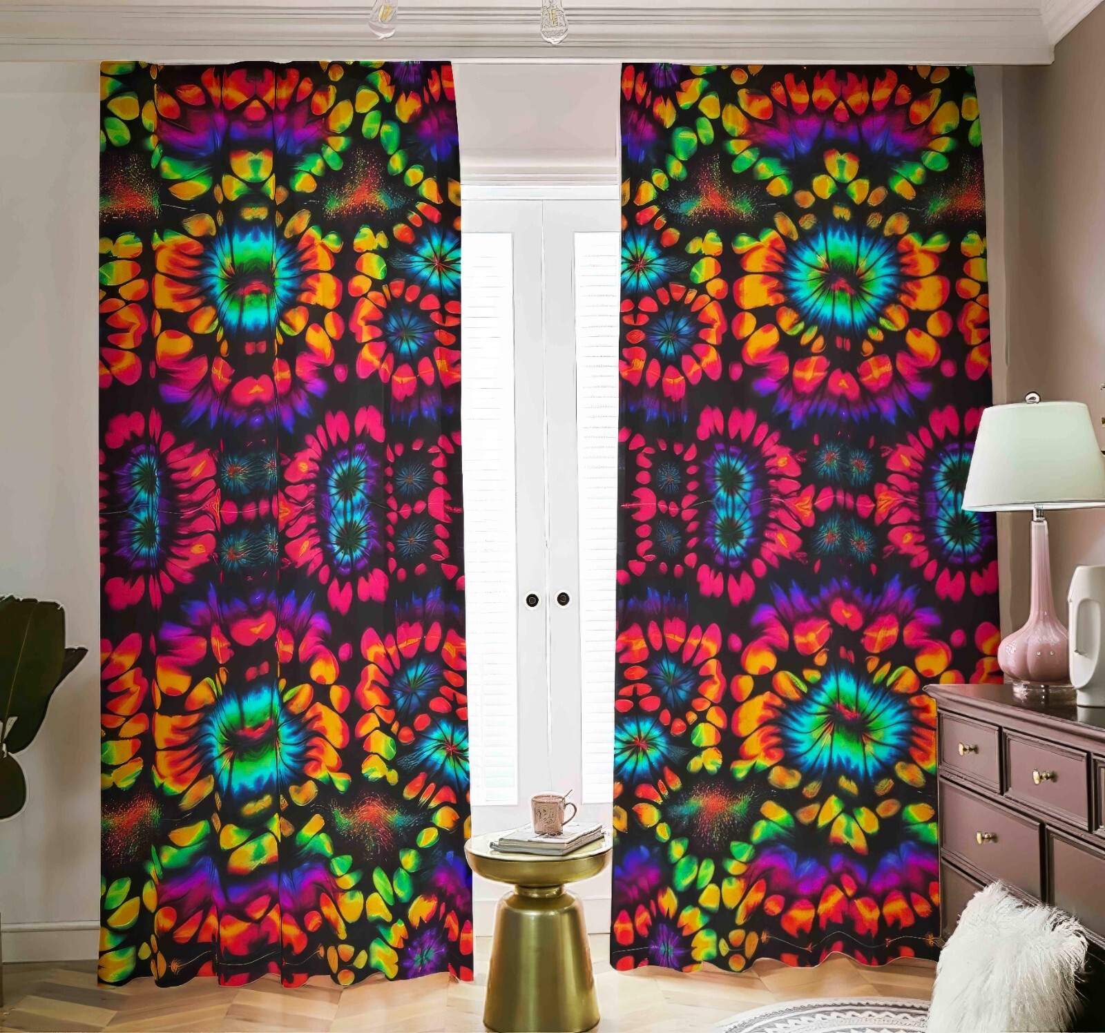 Rainbow Tie Dye Blackout Curtains Drapes Shades Psychedelic Fractal Tied Dyed