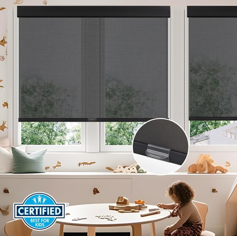 Cordless Solar Roller Blinds, 27″W x 72″H, UV Protection, Black Semi-Sheer