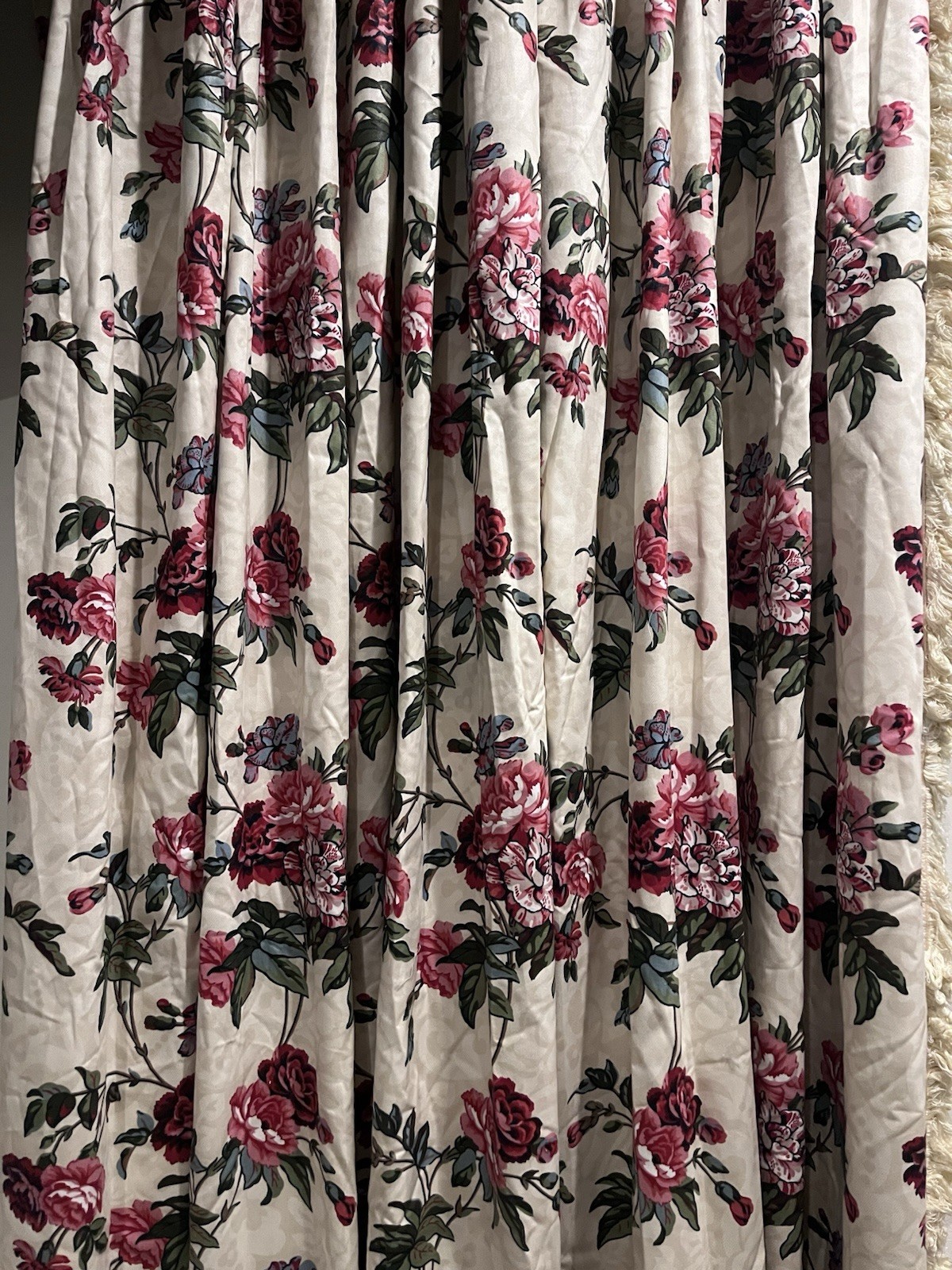 CUSTOM FLORAL WINDOW TREATMENT DESIGNER CHINTZ PANELS LINED TRIM CREAM 2