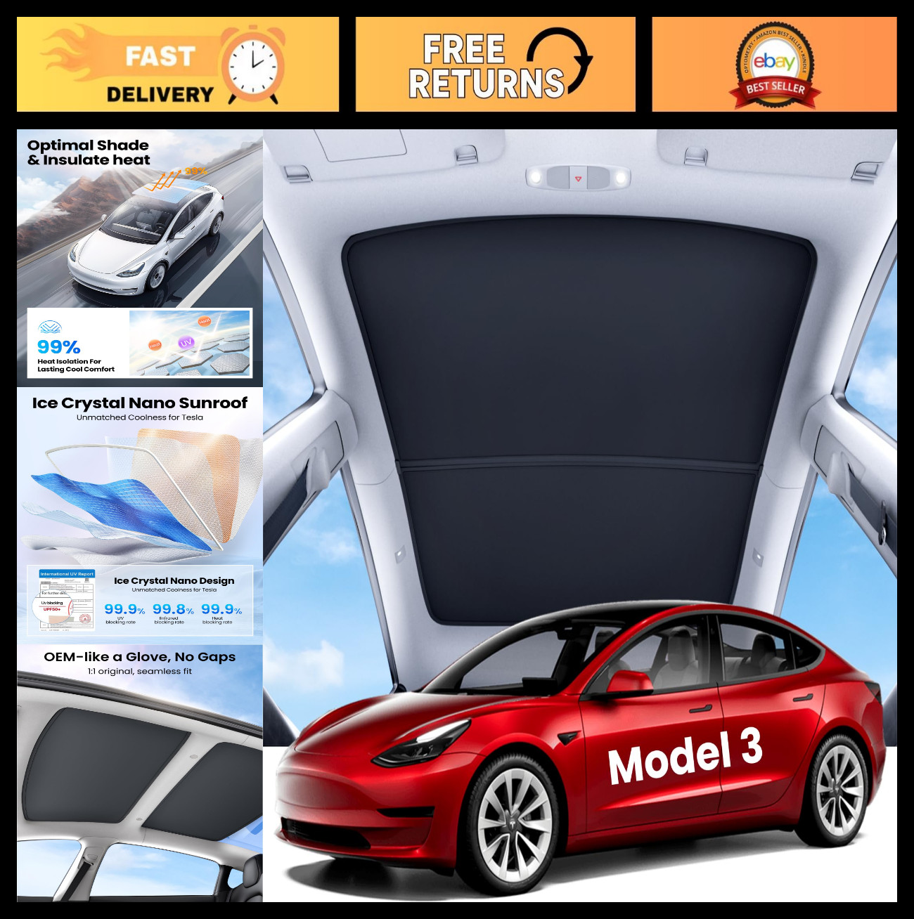 2026 Tesla Model 3 Sunshade Roof Cover – No Gaps, Heat Insulation, Foldable, 2PC