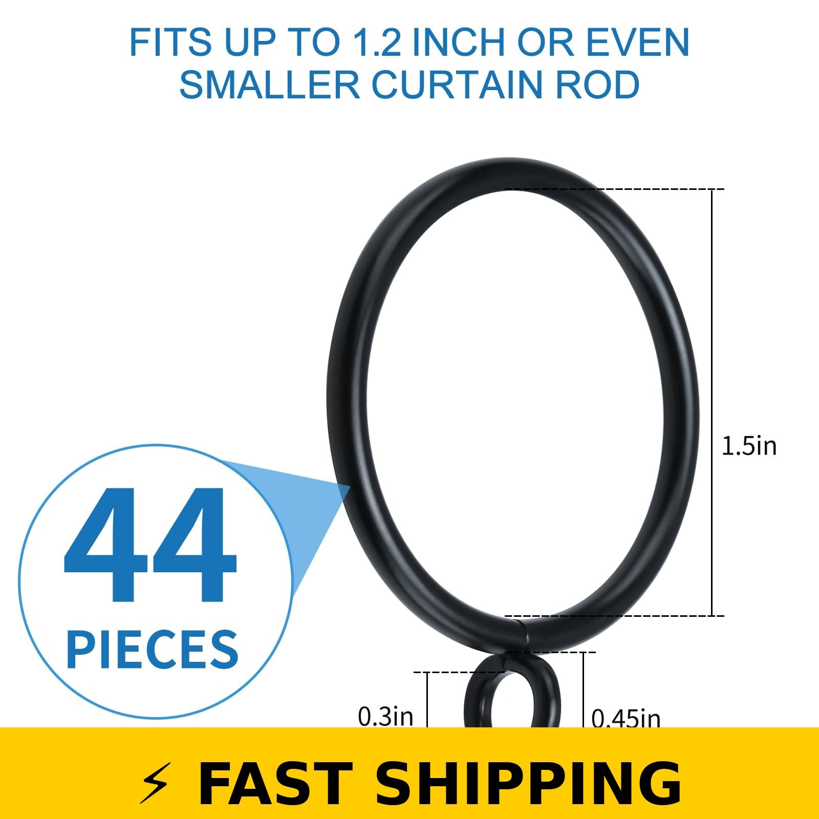 AMZSEVEN 44 Pack Curtain Rings Metal Drapery Ring 1.5 Inch Black