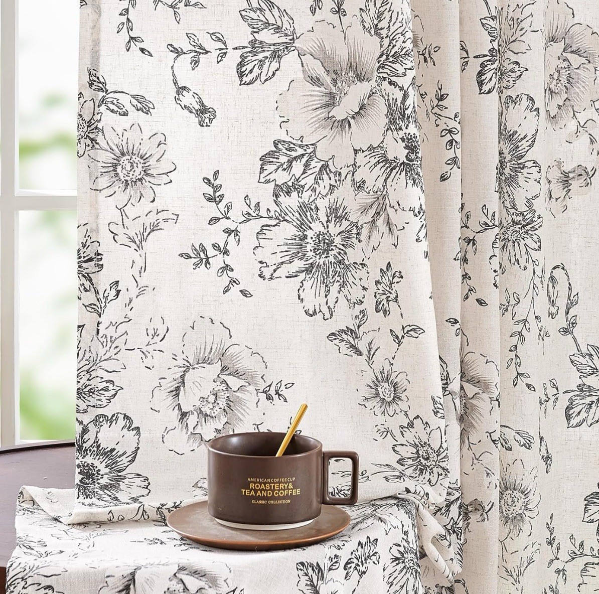 Linen Blend Curtains 42×84 In Floral Beige Black Print 2 Panels