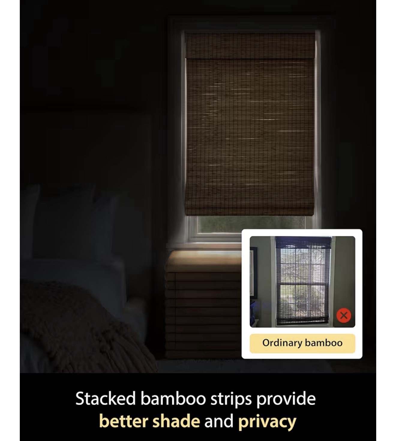 UNISHADES Cordless Bamboo Roman Shades, 32.5” W x 64” H, Highfield Teak