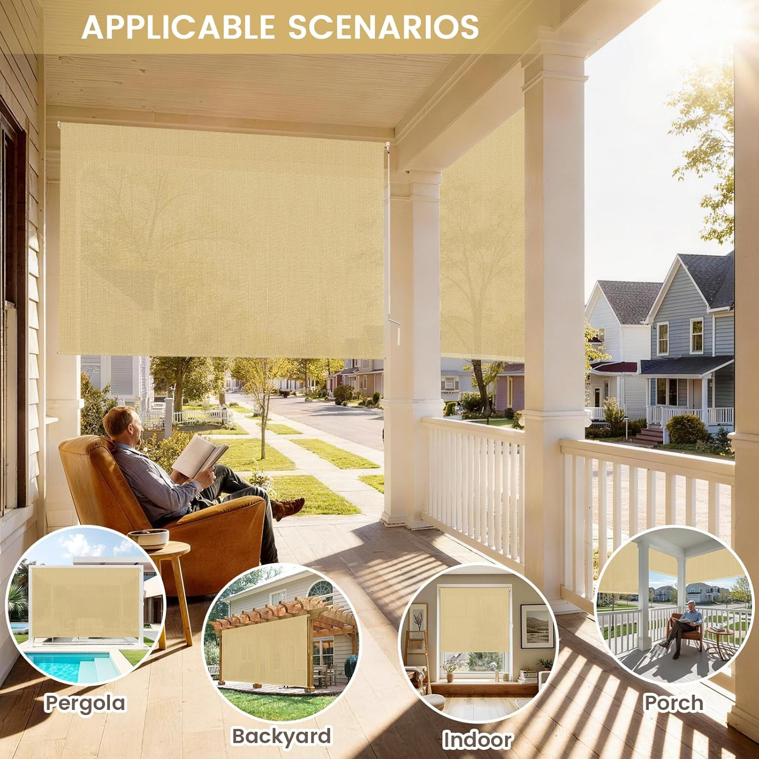 Outdoor Roller Shades for Patio, 8′ W X 8′ H Cordless Patio Shades Roll up Outdo