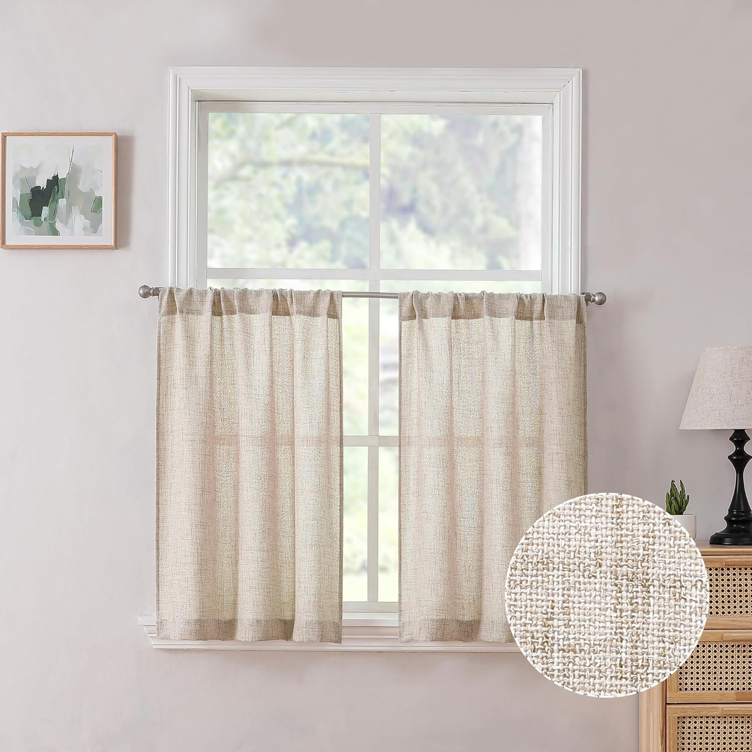 Short Linen Tier Curtains Rod Pocket Semi Sheer Half Kitchen Curtain
