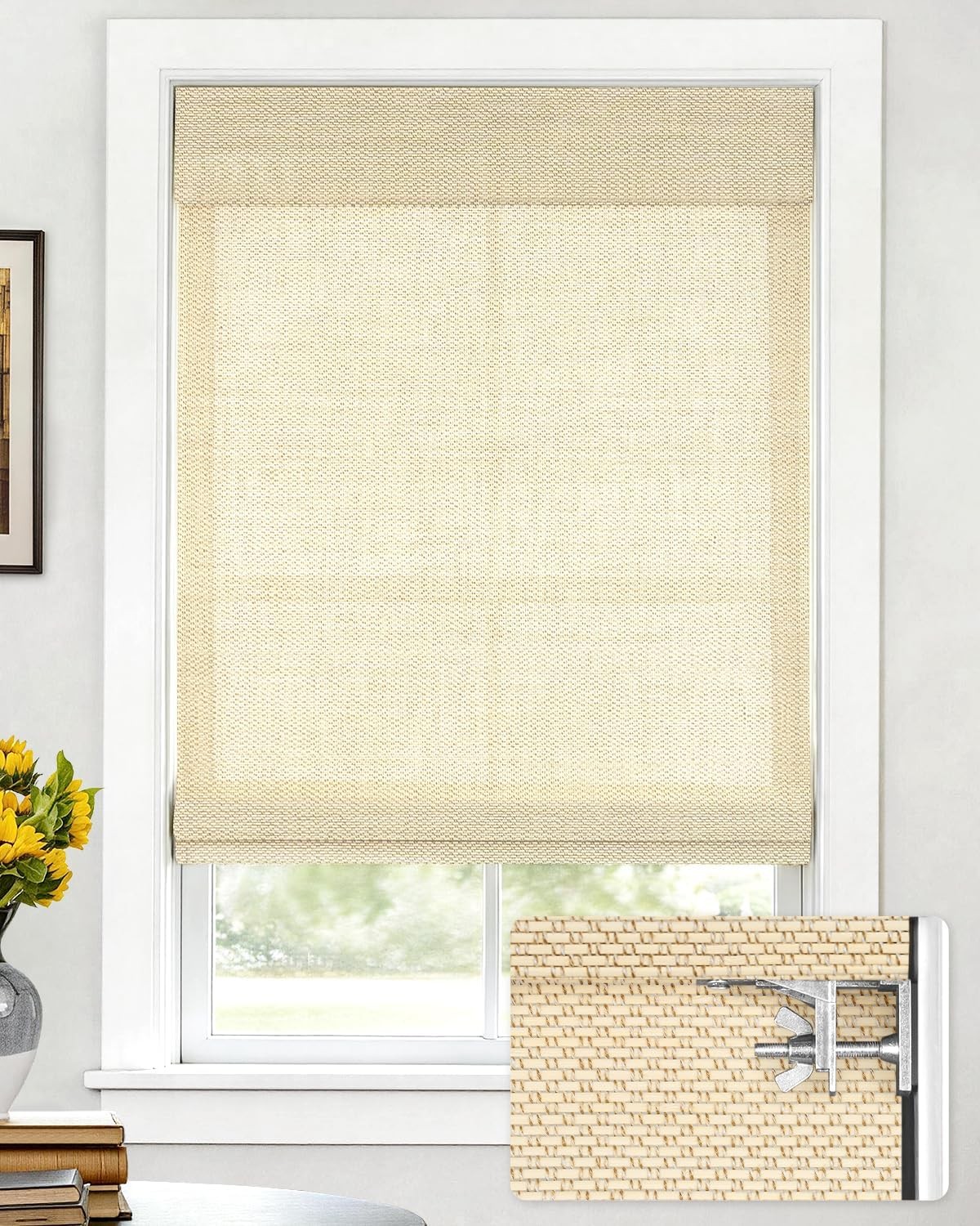 LazBlinds No Tools No Drill Cordless Bamboo Roman Shades 22” WX 64” H Star-Beige