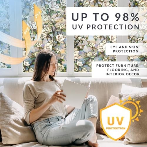 Vibrant Star Magnolia Privacy Window Film | Non-Adhesive UV Protection | 24×36