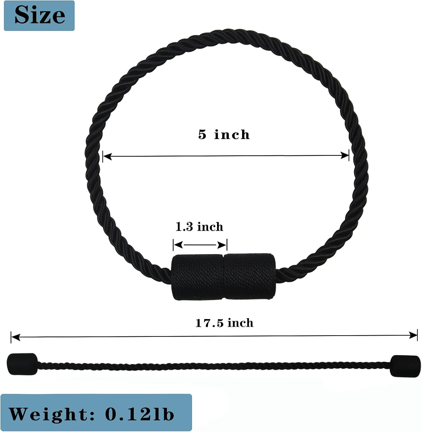 Magnetic Curtain Tiebacks Black Rope Holdbacks Decorative Drapes Two Pack 17.5in