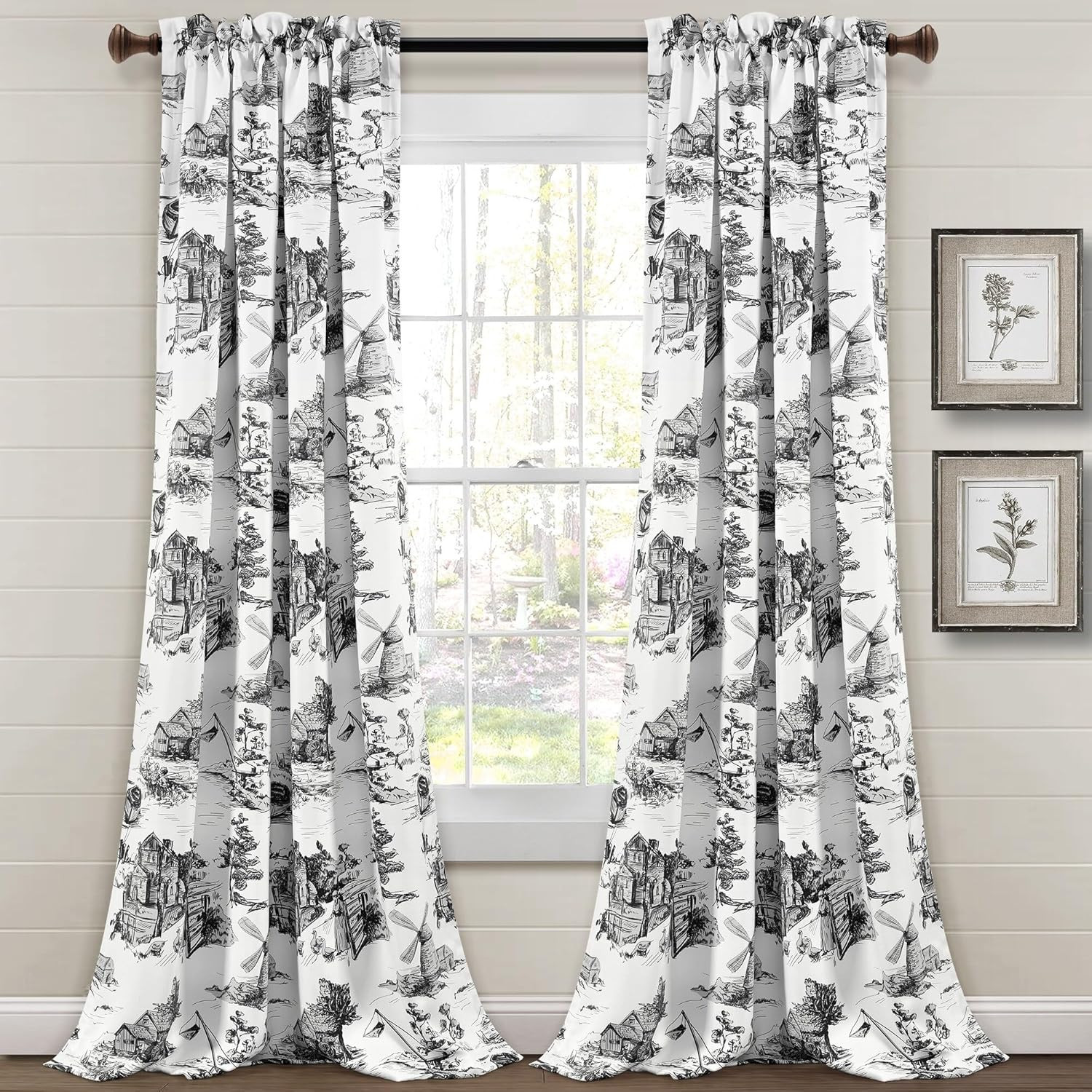 Chic French Country Toile Light Filtering Curtain Panels, 52″ W x 84″ L