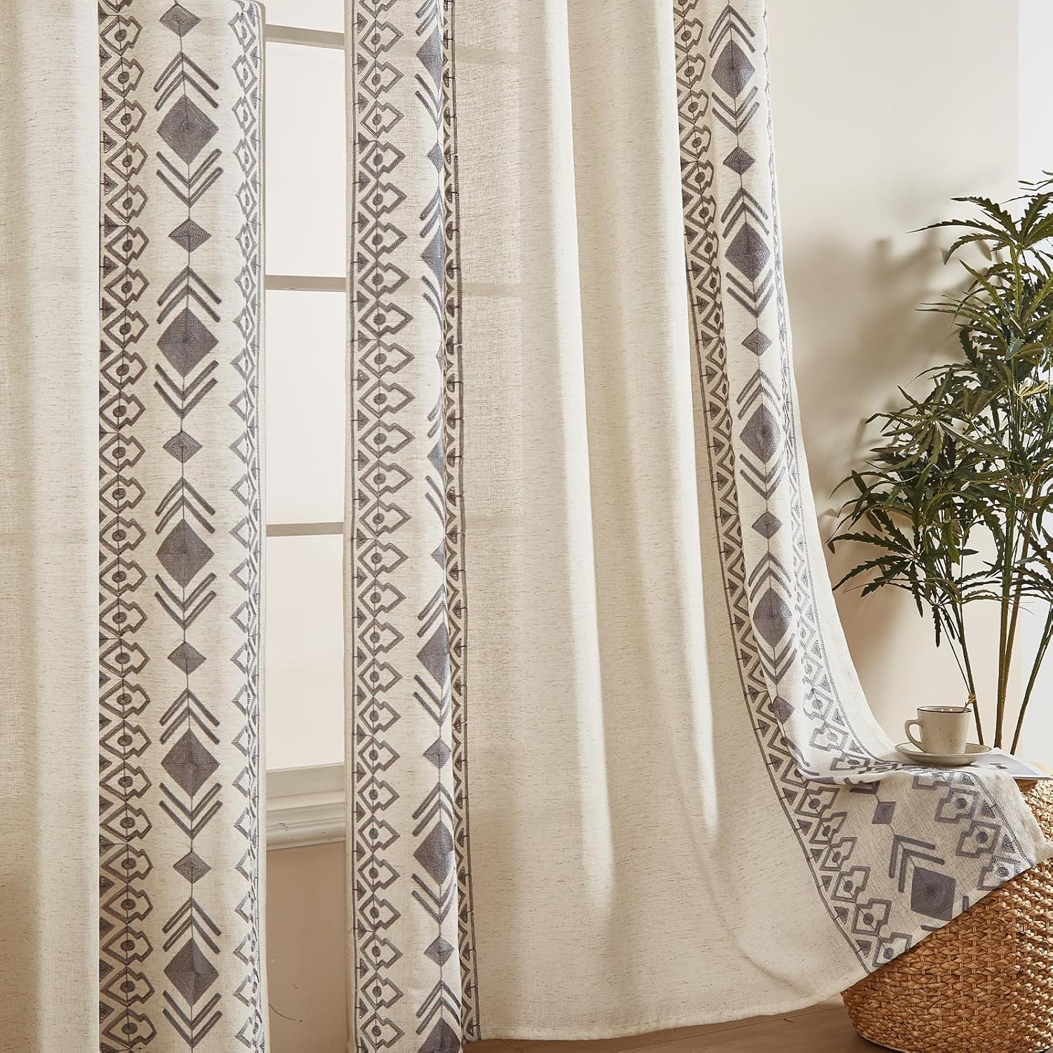 Gray Bohemian Curtains for Bedroom 2 Piece Set – Beige with Gray