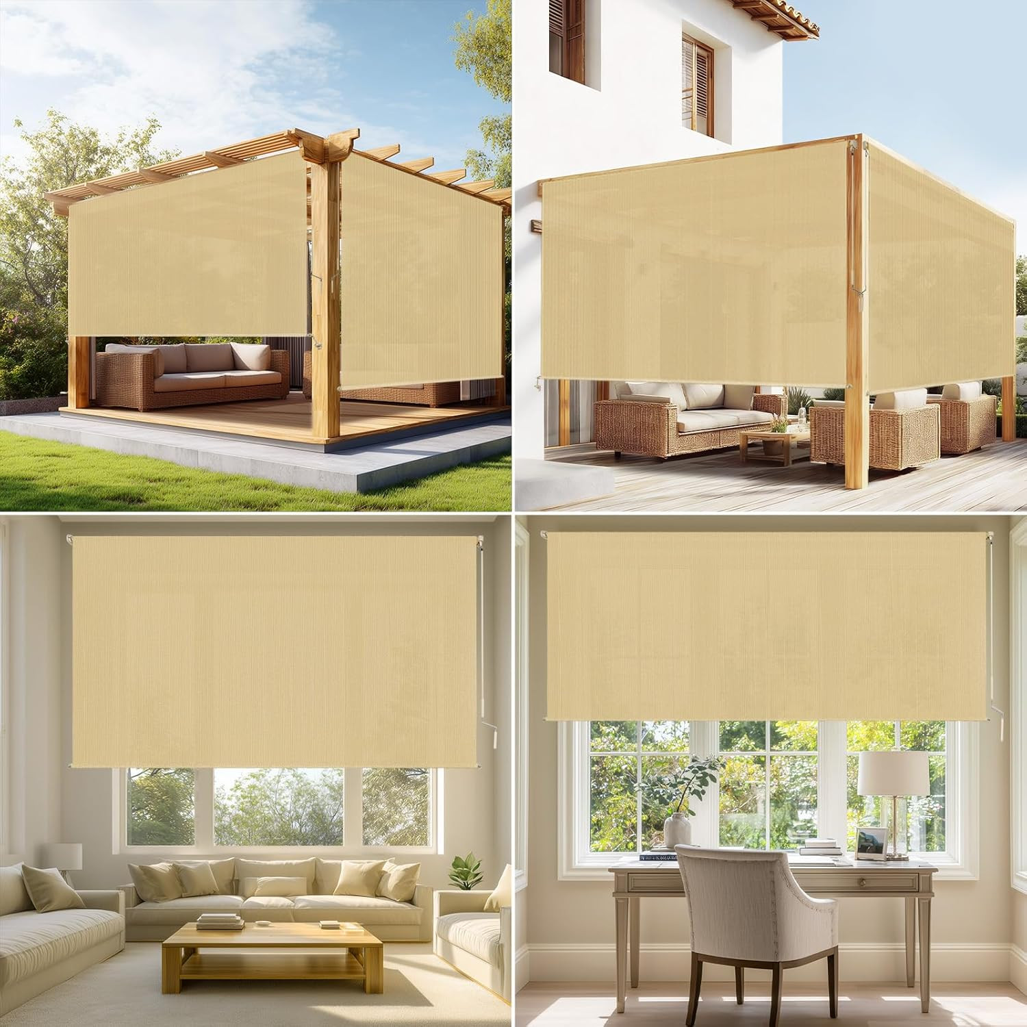 Outdoor Roller Shades for Patio, 8′ W X 8′ H Cordless Patio Shades Roll up Outdo