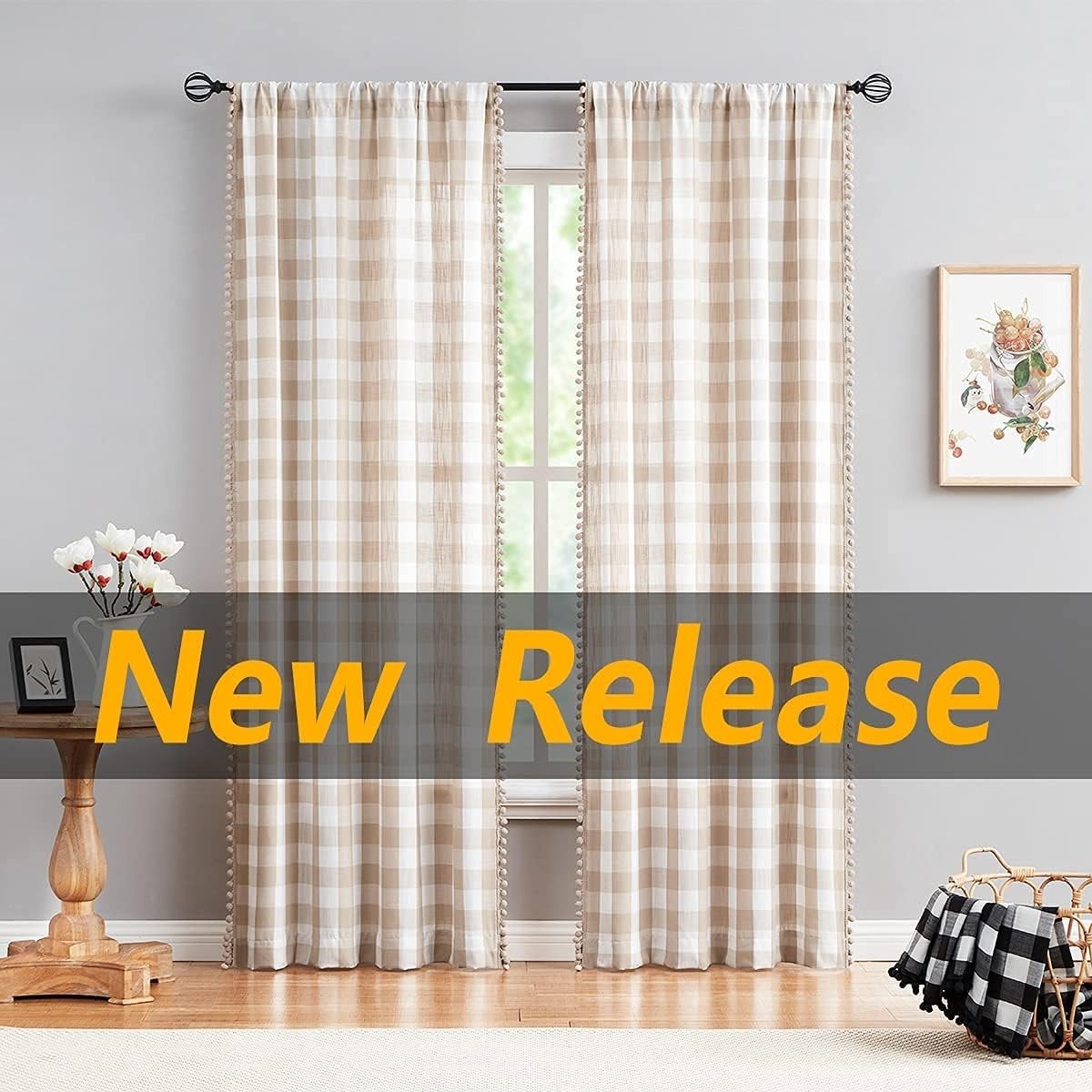 Buffalo Check Curtains 84inch 40″W x 84″L (Pack of 2) Taupe and White