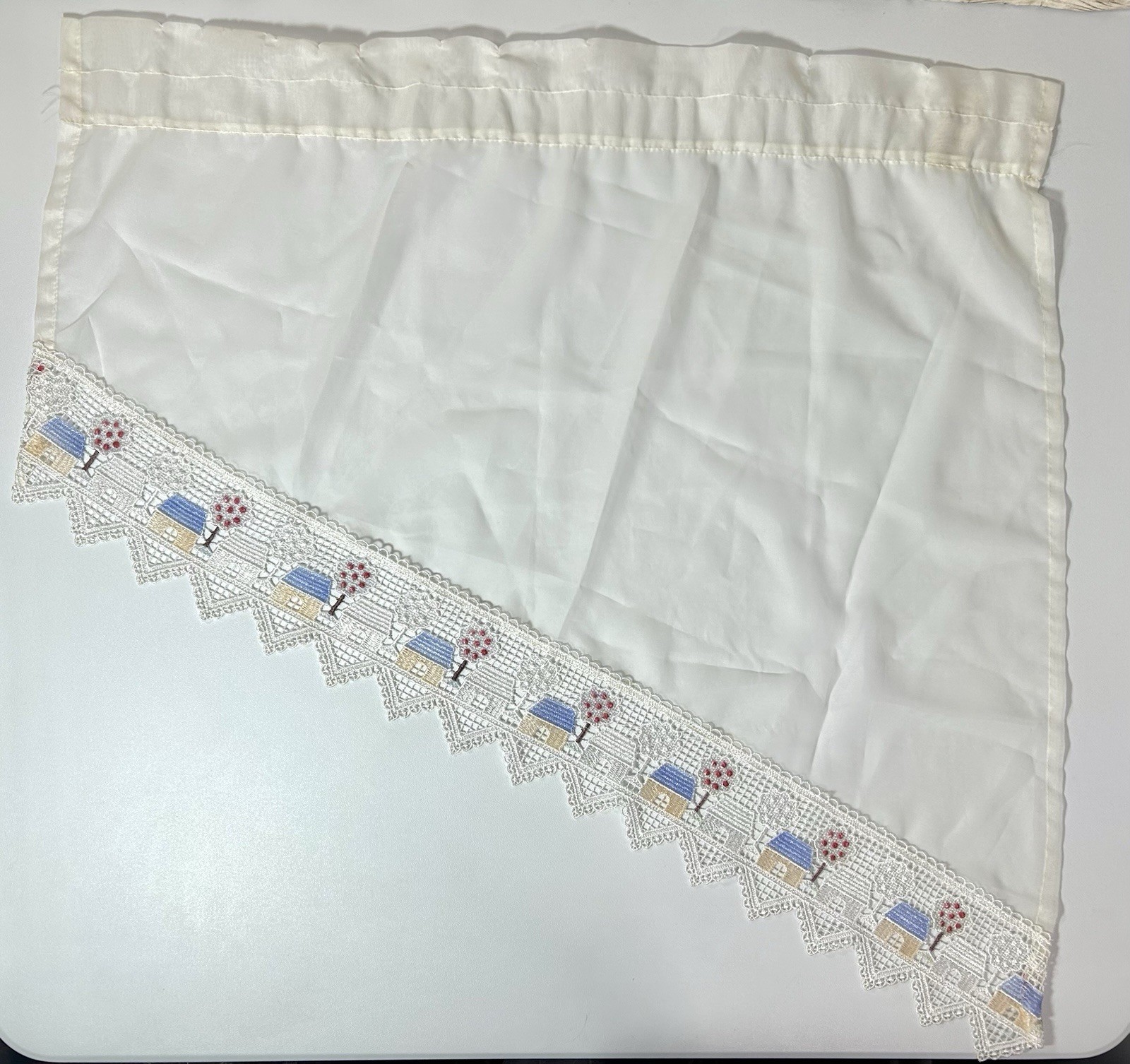 Vintage 90’s Embroidered Curtain Window Valance Panels House Trees Sheer 4 Piece