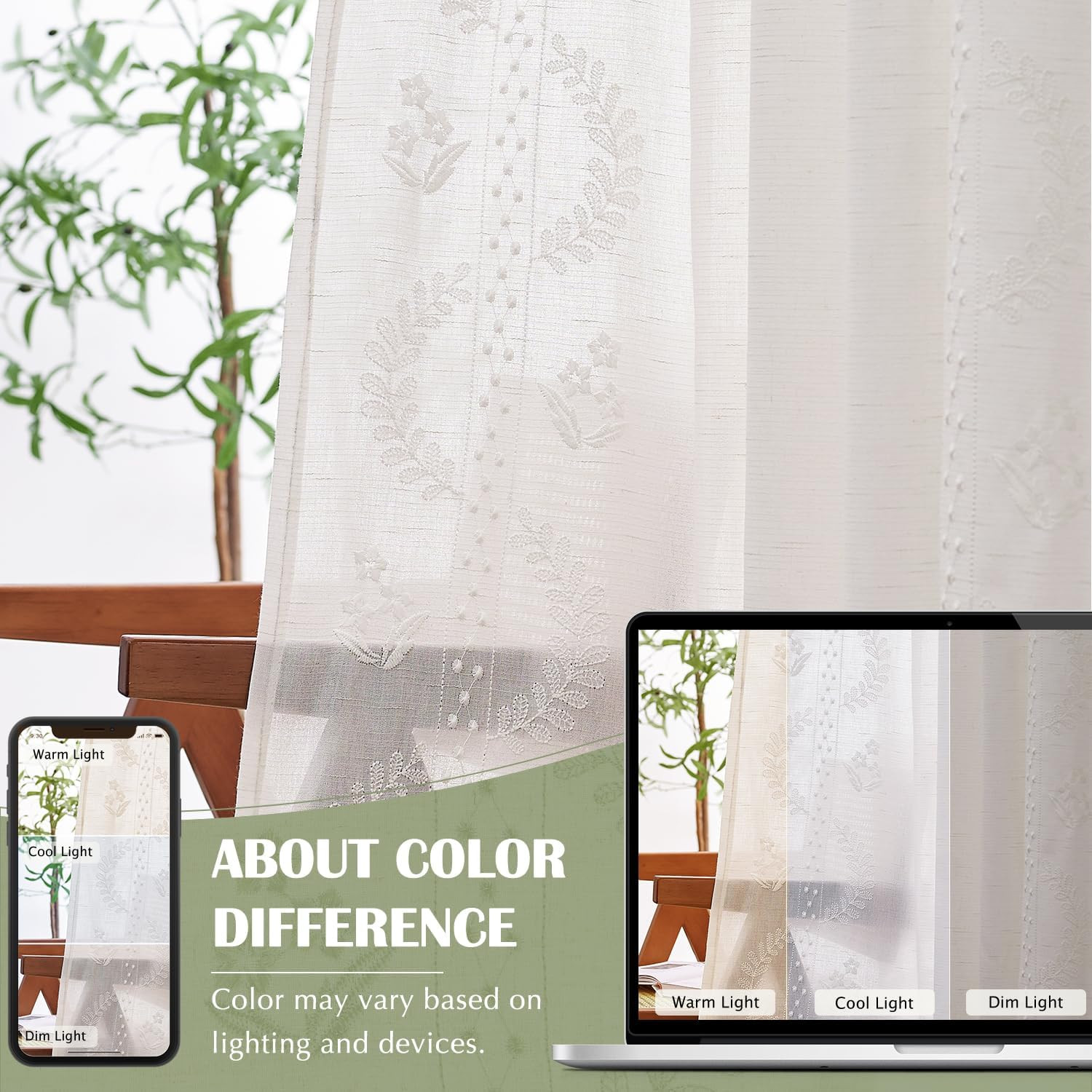 Floral Linen Curtains 96″ Embroidered Drapes for Bedroom & Living Room, 2 Panels