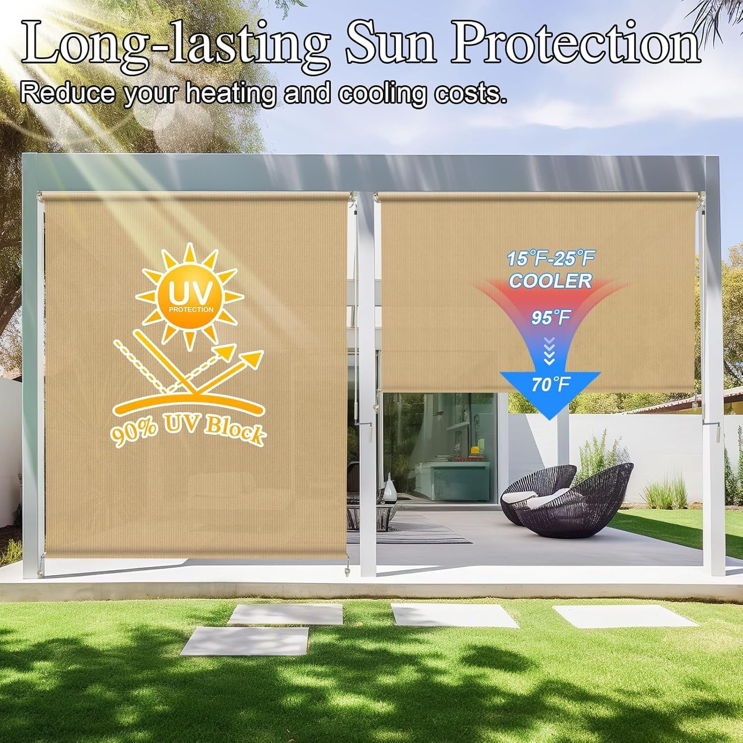Chic Exterior Roller Shade 8’W x 8’H – Manual Cordless Operation, Sesame Color