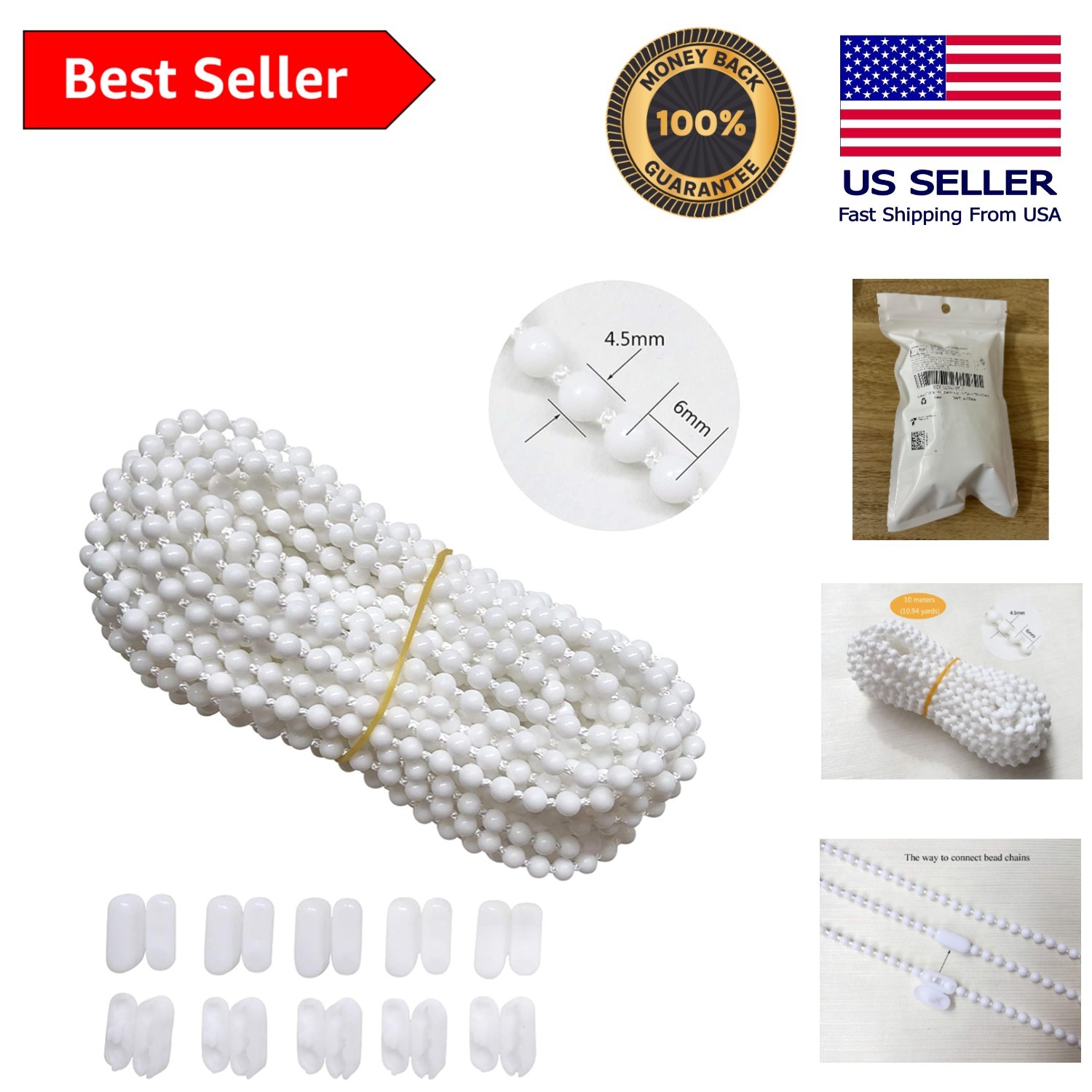 Durable 10m Plastic Bead Chain & 10 Connectors for Venetian & Honeycomb Blinds