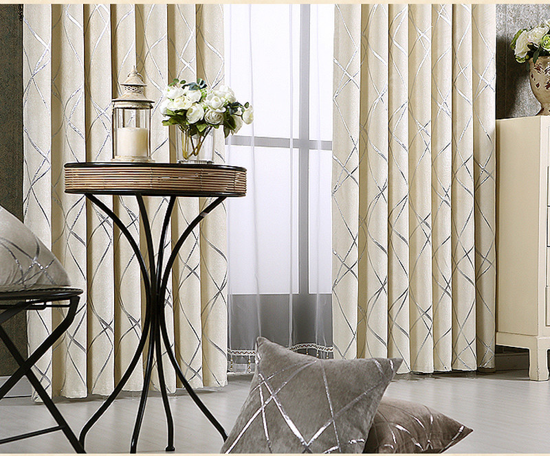 Shiny Silver Stripe Blackout Curtain Beige Gray Cloth Window Drape Modern 63/84″