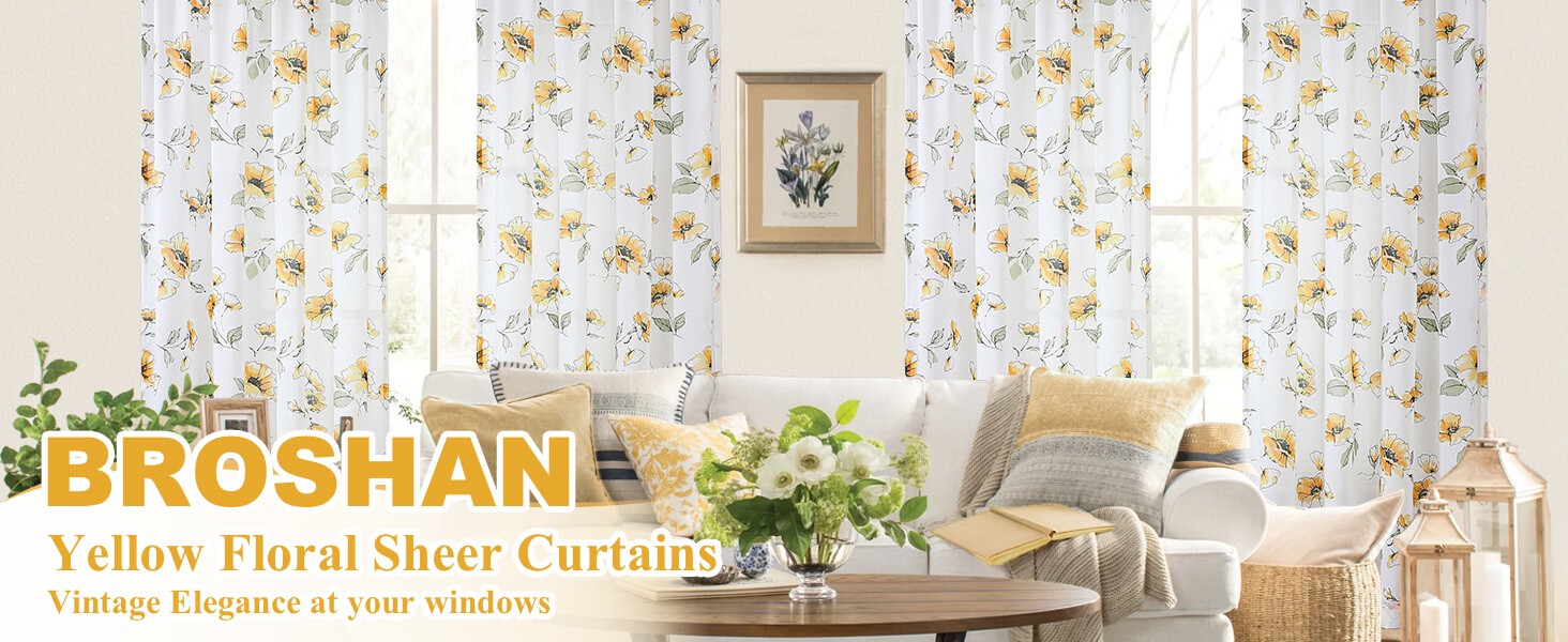 Floral Sheer Window Curtains 72 inches long 2 Panels Set-Chinoiserie Wild Fower