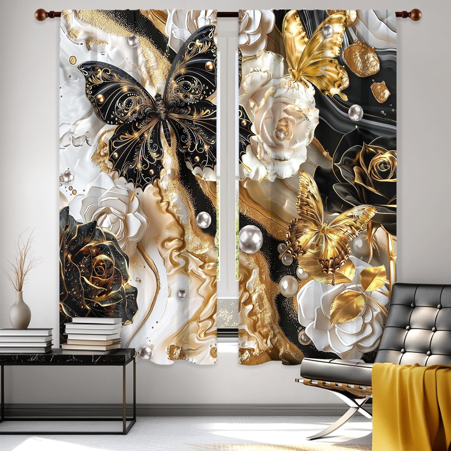 Black and Gold Butterfly Marble Curtains 42Wx63H Inch Abstract Modern Floral Flo