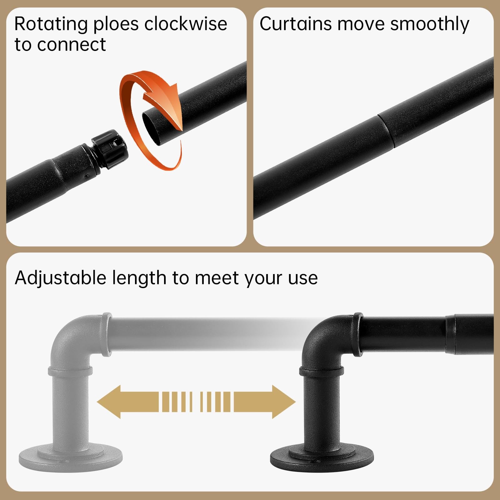 Industrial Curtain Rods for Windows 66 to 120 Inches, 95-150 INCH, Black