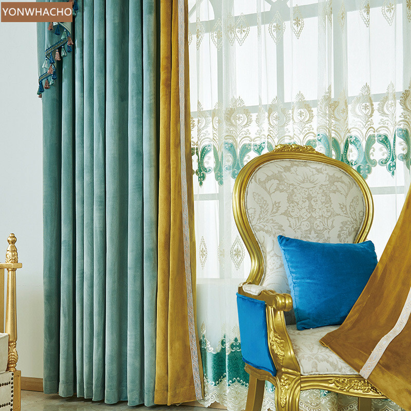 thick velvet stitching blue yellow cloth blackout curtain valance drape B660