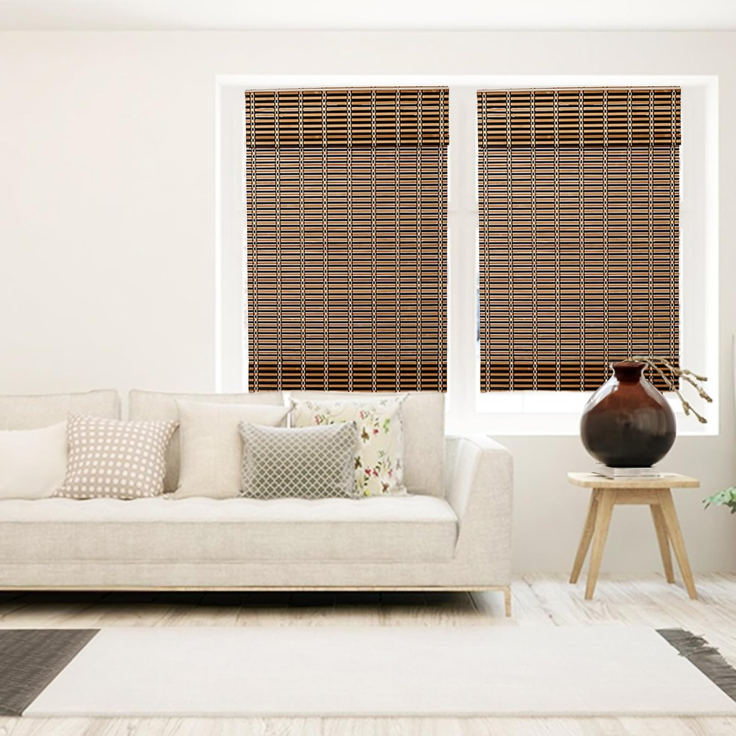 Cordless Bamboo Roman Shades, Light Filtering Window Blinds, 60×64, Brown/Tan