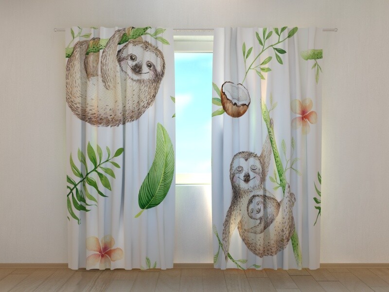 3D Curtain Printed with Watercolor Cute Sloths images Wellmira Made to Measure