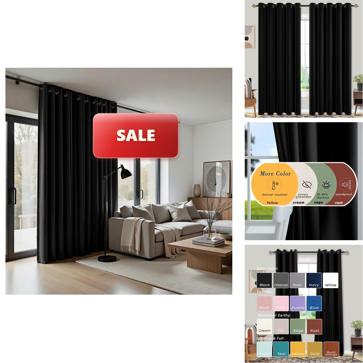 Mrs.Naturall 72×96 Inch Black Curtains 2 Panels Blackout for Bedroom