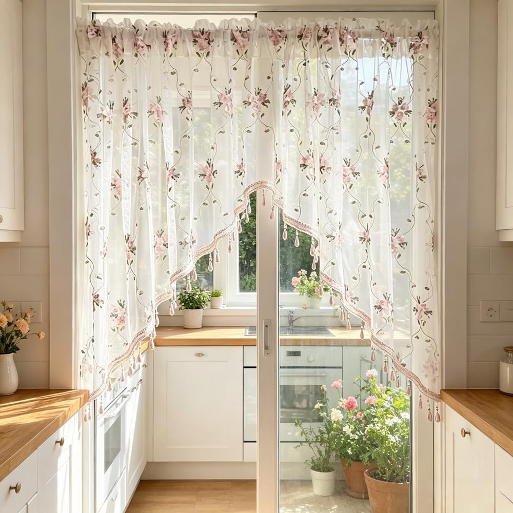 1PC Victorian Style Floral Sheer Swag Curtain Valance for Arched Door | Pink Emb