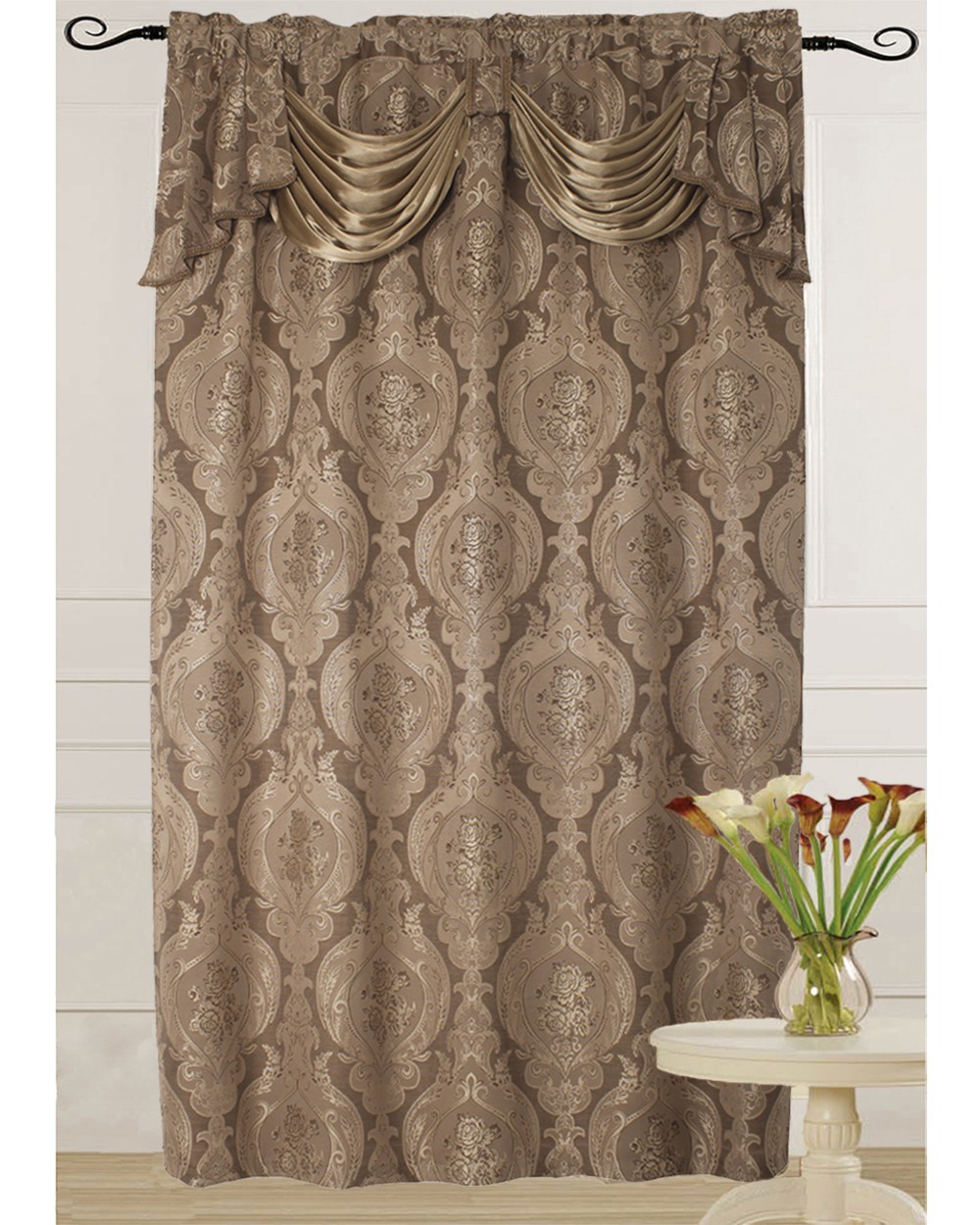 ROSA Luxury Jacquard Curtain Panel with Attached Waterfall Valance 54″ X 84″