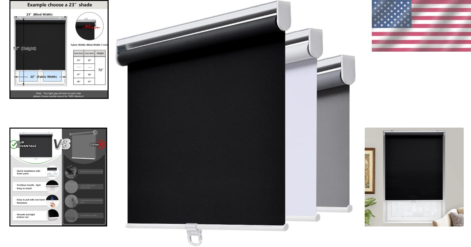 Cordless Blackout Roller Shades 23″ W x 72″ H – UV Protection for Home & Office