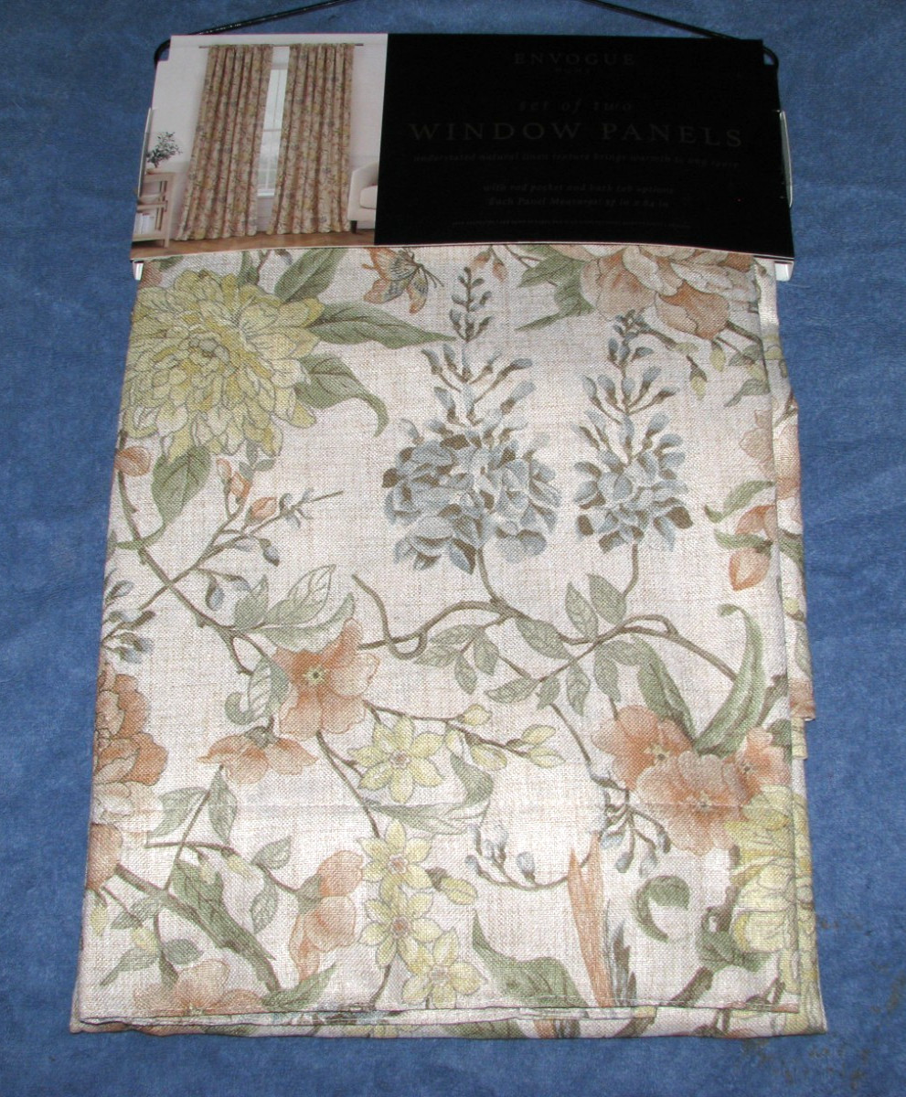 ENVOGUE “HOME” Window Curtains 2 Panels Beige 37 x 96 /Flowers, Birds, Floral