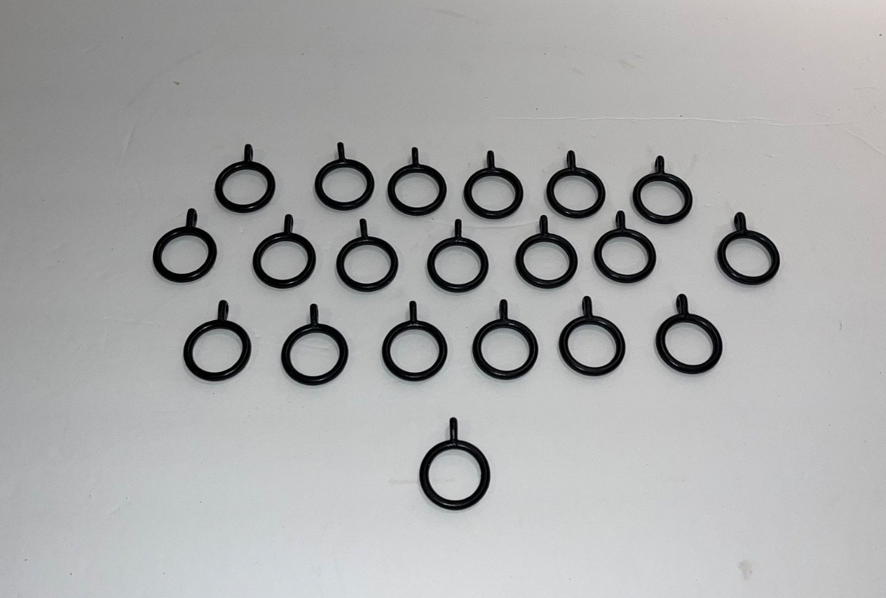 Lot 20 Great Black Plastic Drapery Curtain Rings w/ Hook Loops 1.5” wide 2” long