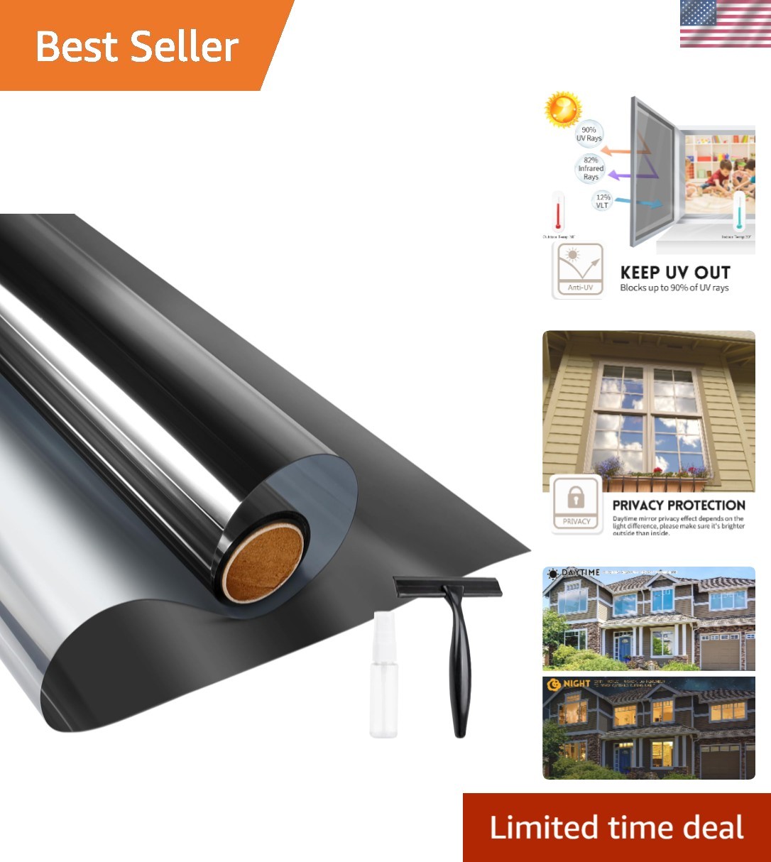 Elegant Black-Silver Window Tint Film – Daytime Privacy, 90% UV Block, 6.5′ Long