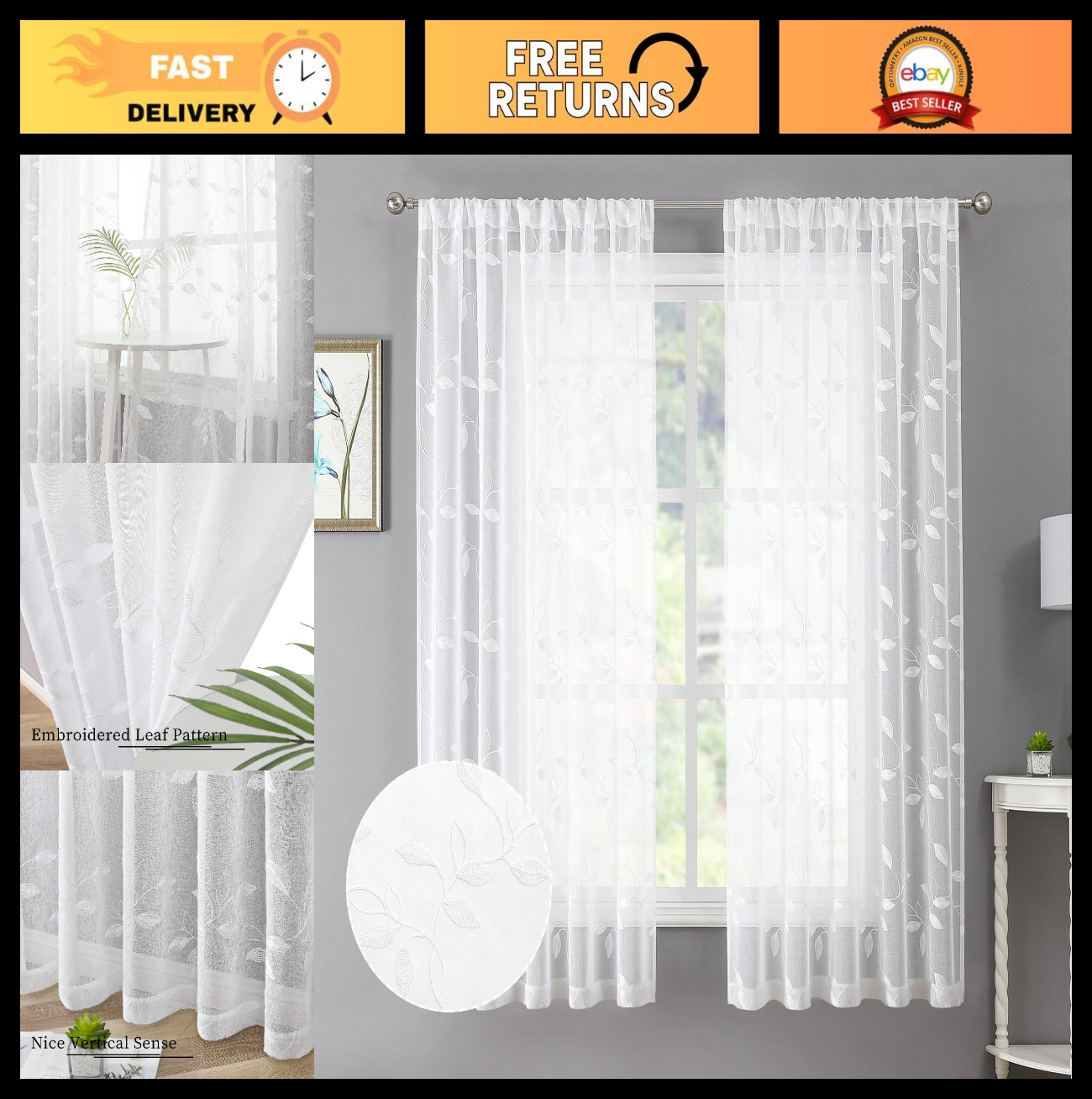 Sheer Leaf Embroidered Curtains – Rod Pocket Voile Window Treatments, 38×63″ Set
