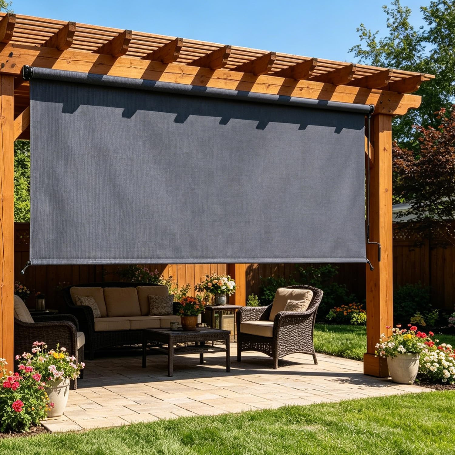 Outdoor Roller Shade 8’W X 6’H, Cordless Exterior Patio Blinds with Crank Wand,