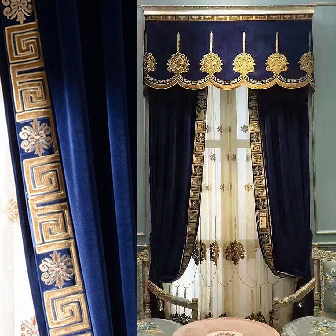 blue flannel European luxury embroidery valance window curtain tulle M1897