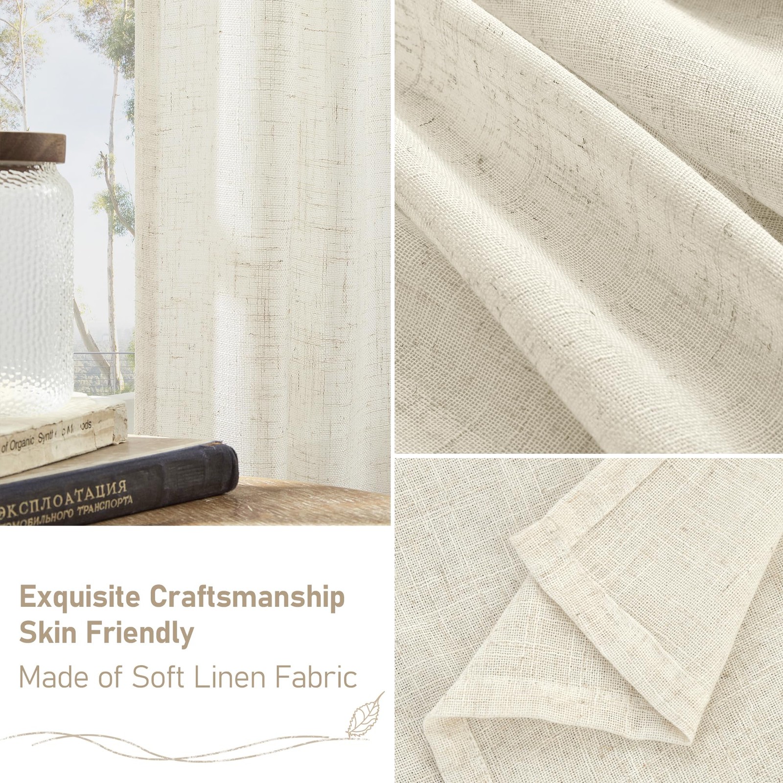 Natural Ivory Semi Sheer Linen Curtains 84 Inch Long, Cream White Light
