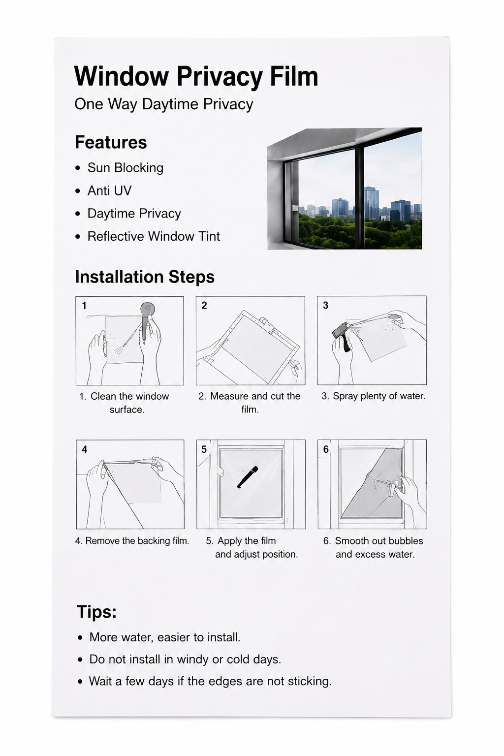 Window Privacy Film One Way Daytime Static Cling UV Tint Black Silver 41×78