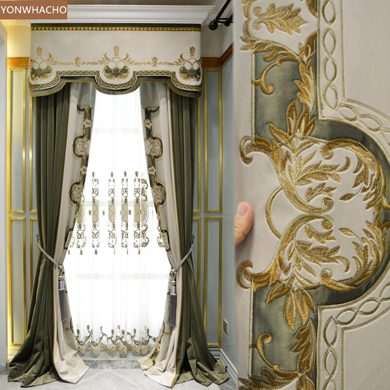 high-quality green embroidered thick velvet cloth blackout curtain tulle B671