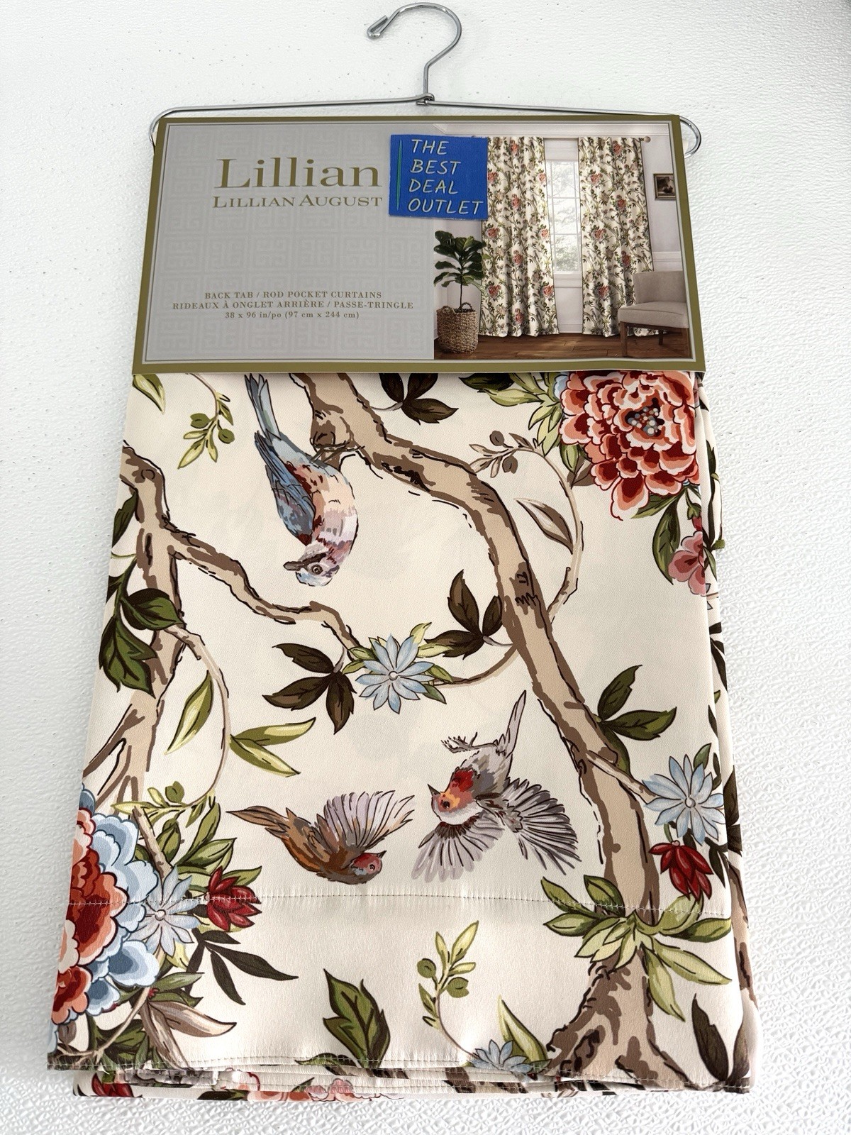 Lillian August Window Curtains 2 Panels 38 x 96″ Cream Birds Drapers Back Tab