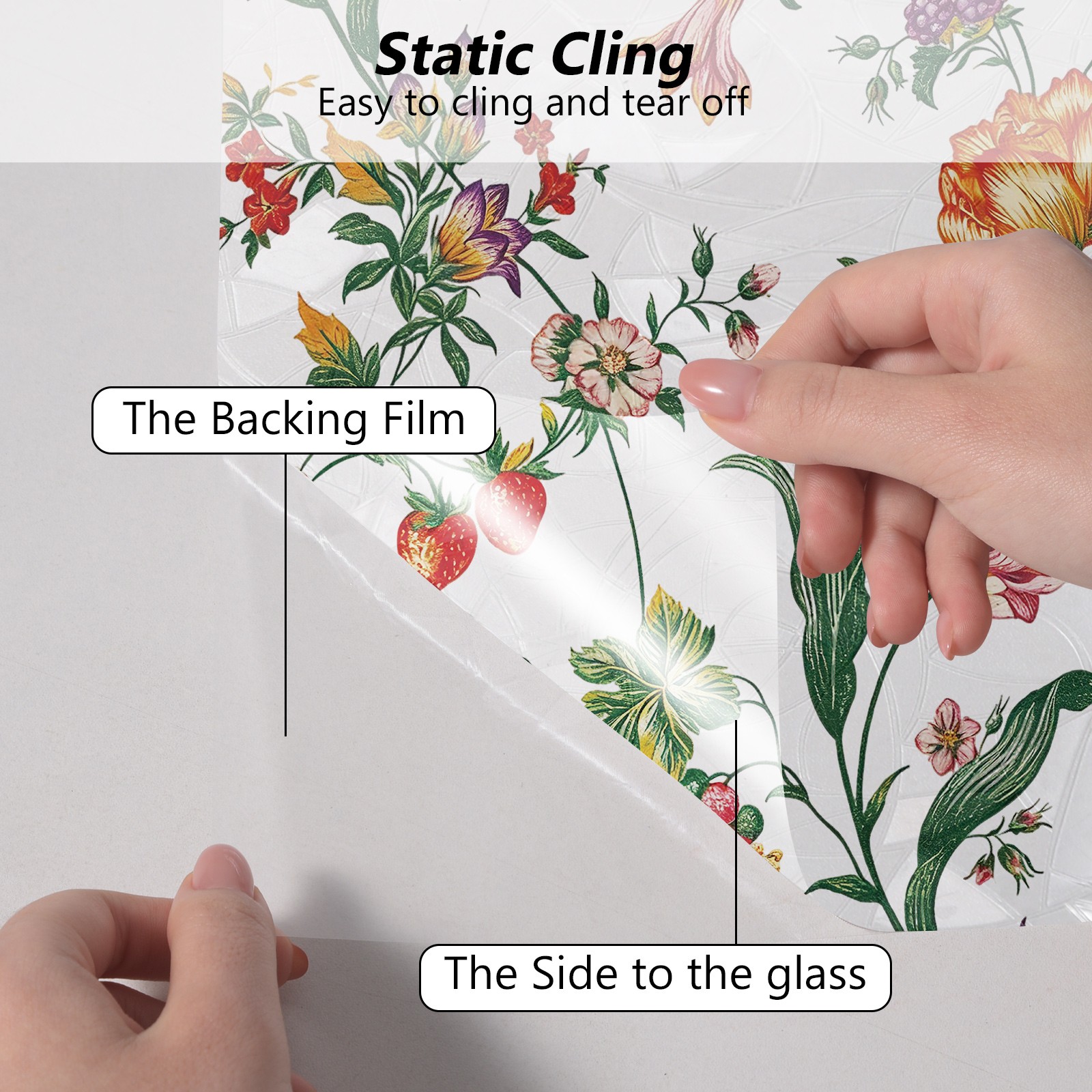 Fruits and Flowers Window Film Privacy Floral Static Cling Glass Film 17.7x118in