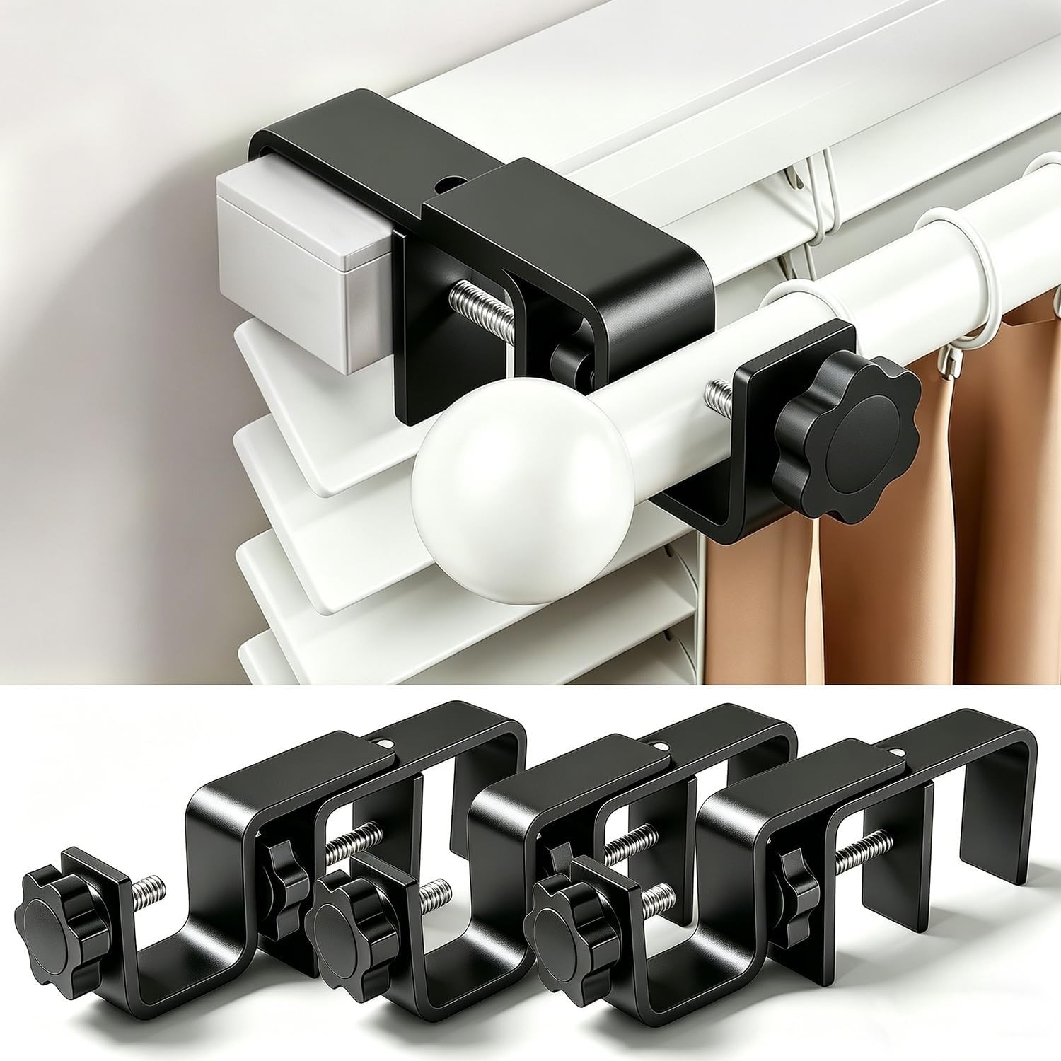 Black No-Drill Curtain Bracket Set for Outside-Mount Blinds, 3-Pack
