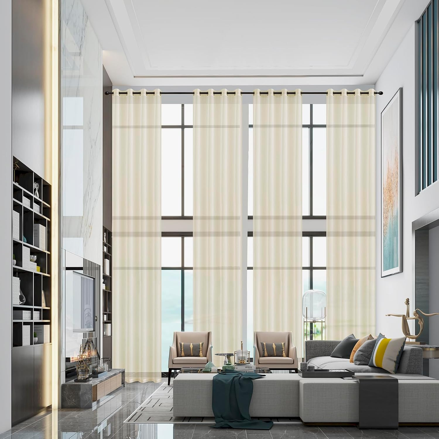 20Ft Extra Long Sheer Curtains for Tall Windows, Cream Beige, 1 Panel 52×240