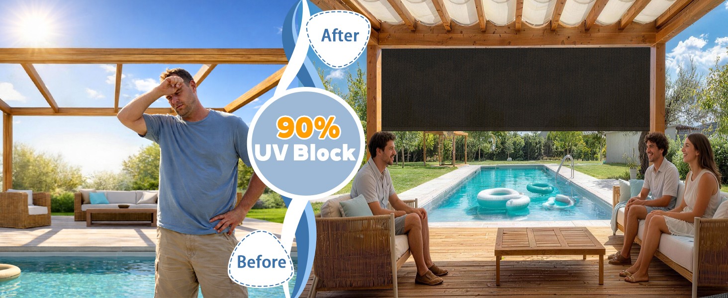 10’W x 8’H Gray Outdoor Roller Shade with Crank Wand Patio Shades Roll up,