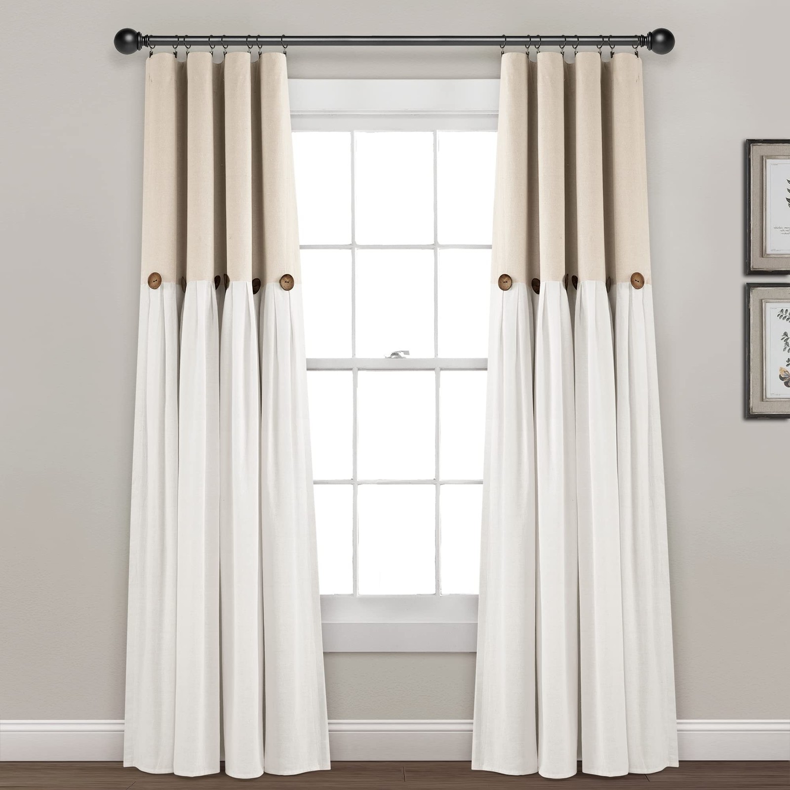 Lush Decor Linen Button Window Curtain Panel, Single, 40″ W x 84″ L, Linen—-
