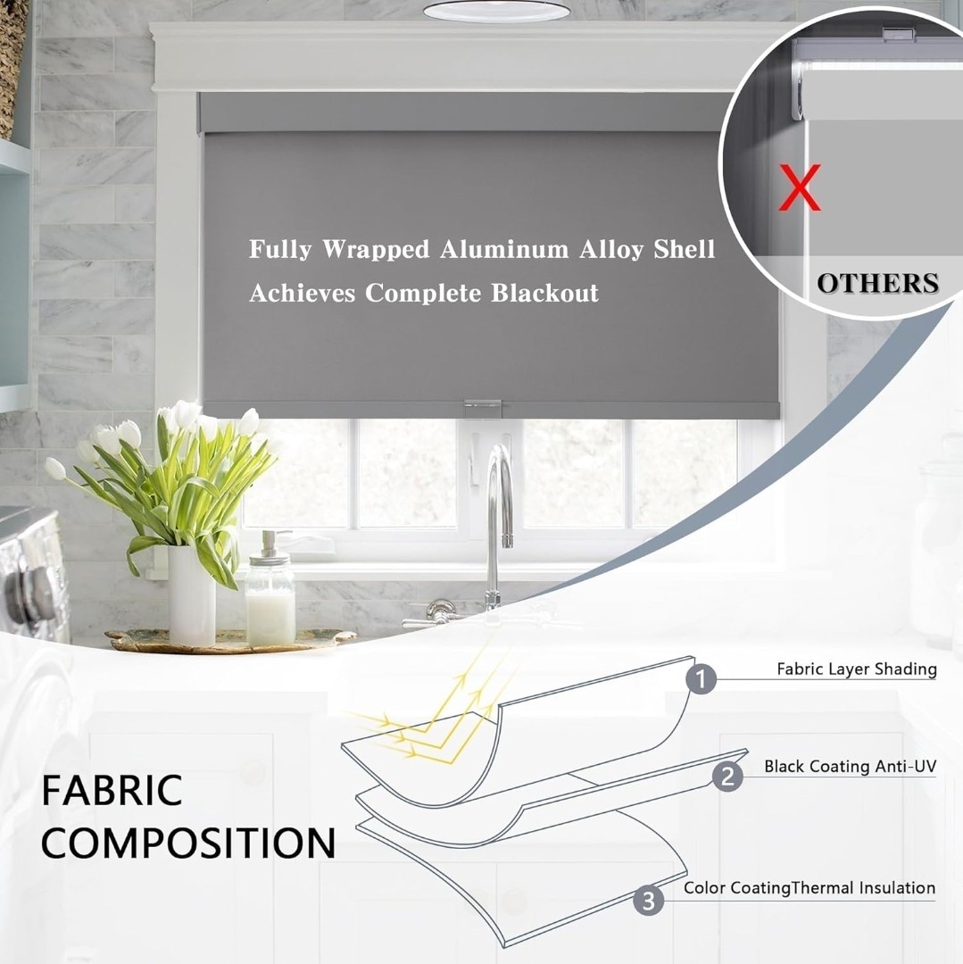 Cordless Blackout Roller Shade Gray Window Blind Thermal Insulated UV Blocking