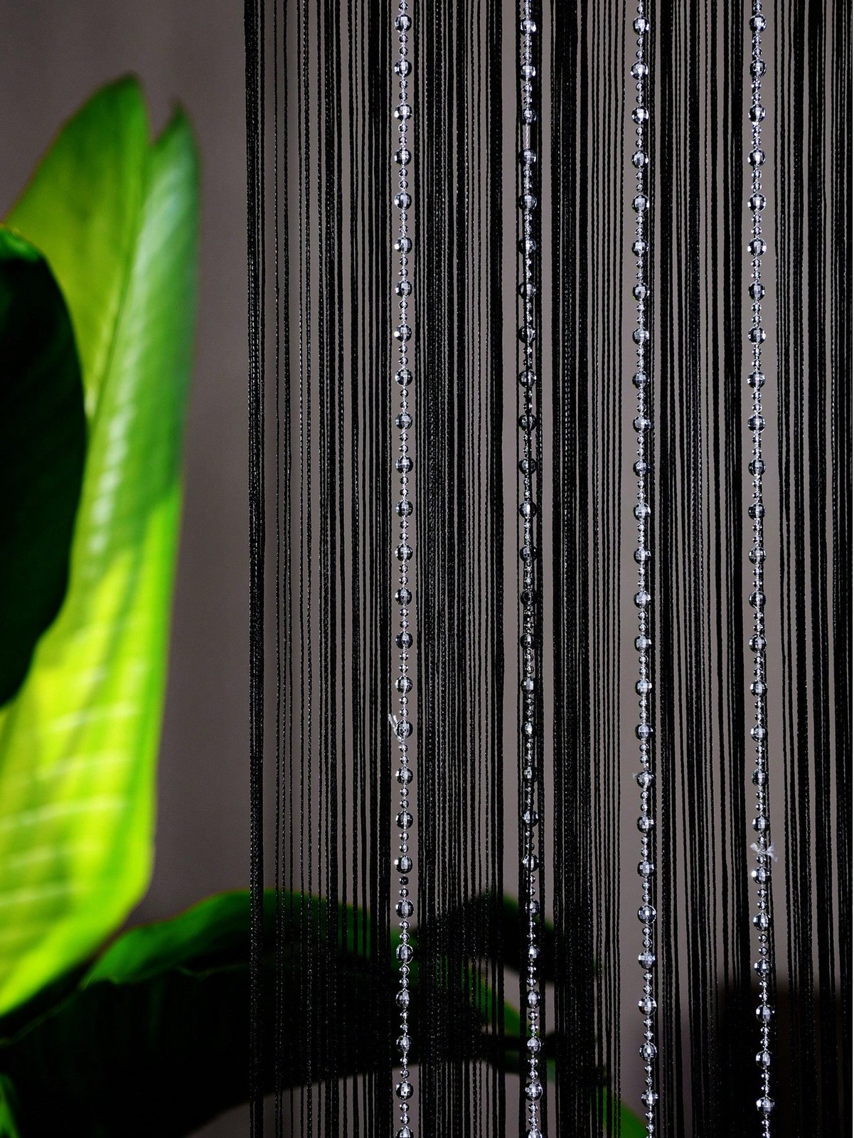 Black Beaded Door Curtain 100x200cm Straight Lines Tassels Divider