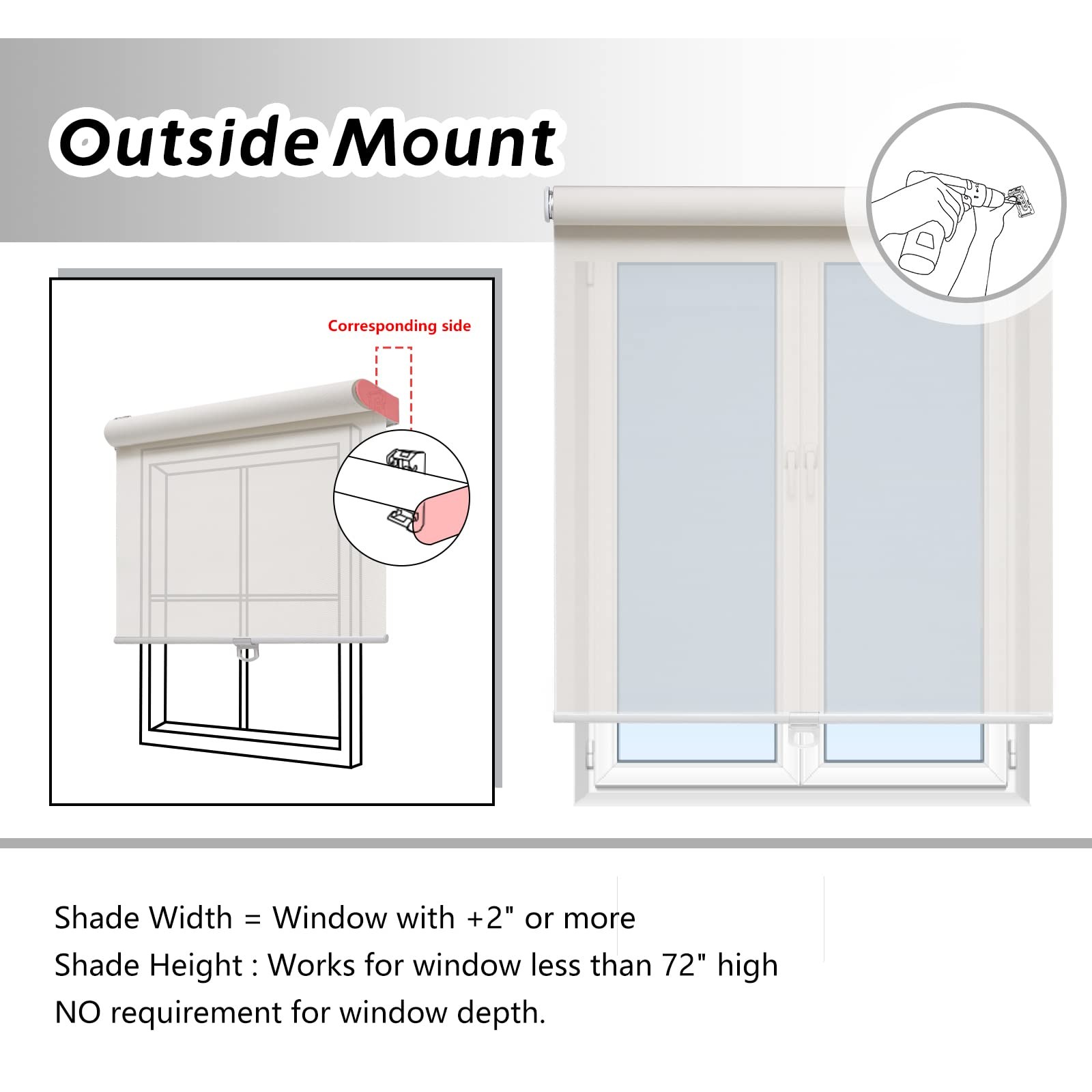 AOSKY Cordless Roller Shades for Windows Light Filtering 30″W x 72″H, White